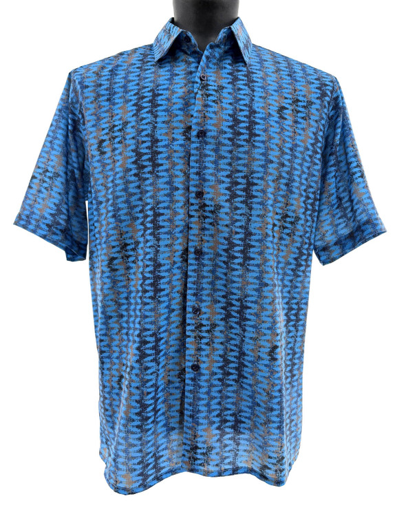 Bassiri Short Sleeve Camp Shirt - Blurred Zig-Zag Design in Blue