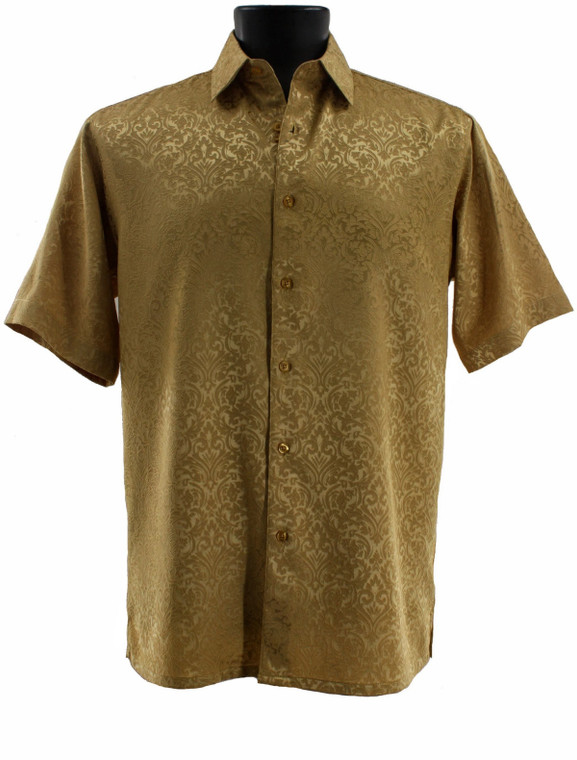 Bassiri Short Sleeve Camp Shirt - Gold Baroque Tonal Pattern