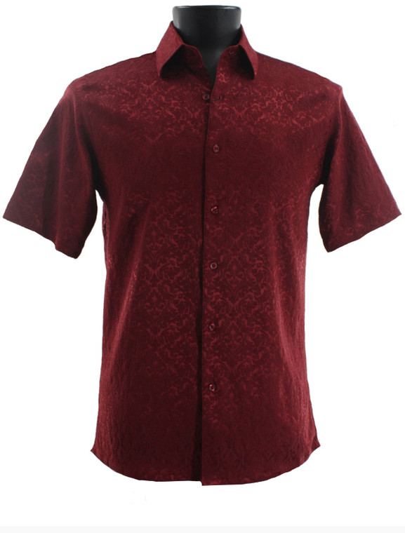 Bassiri Short Sleeve Camp Shirt - Burgundy Baroque Tonal Pattern