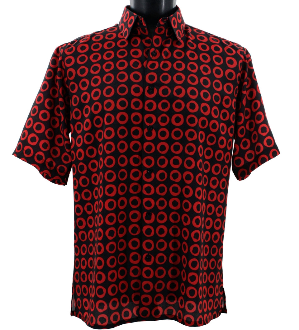 Clearance: Bassiri Short Sleeve Camp Shirt - Red Odd Circles on Black ...