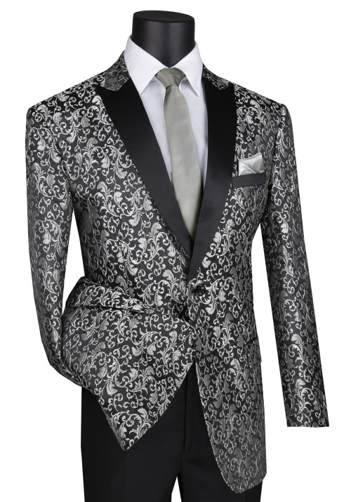 Vinci Silver and Black Sateen Floral Sportcoat - Vavra's Menswear