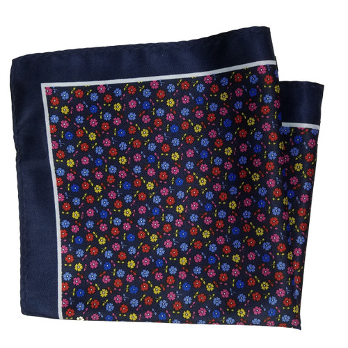 Navy Graphic Uniformes Silk Monogram Vivienne Pocket Square