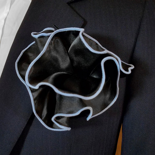 Black Satin 2in1 Pouf Round Pocket Square with Light Blue Trim Vavra's Menswear