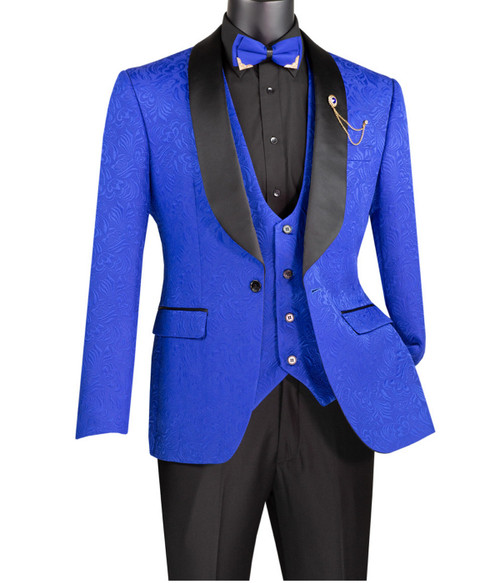 Vinci 3 Piece Royal Blue Floral Embossed Tuxedo with Matching Vest ...