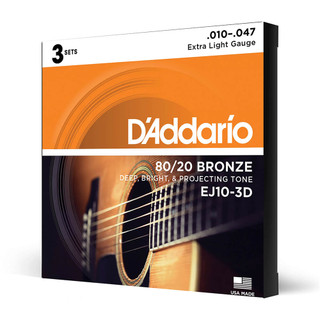 Daddario 80/20 Bronze EJ10-3D Extra Light Set, 10-47, 3 Pack