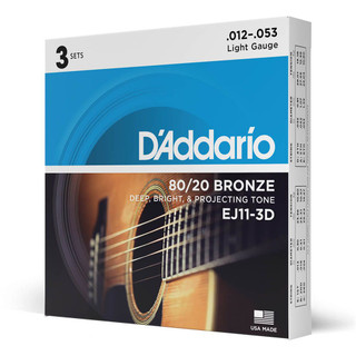 Daddario 80/20 Bronze EJ11-3D Regular Light, 12-53, 3 Pack