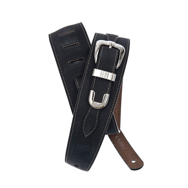 Daddario 25LBB00 Deluxe Leather Guitar Strap, Buckle, Black with Stitch