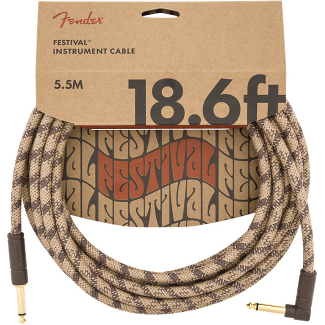 Fender 18.6ft Angled Festival Instrument Cable, Pure Hemp, Brown Stripe