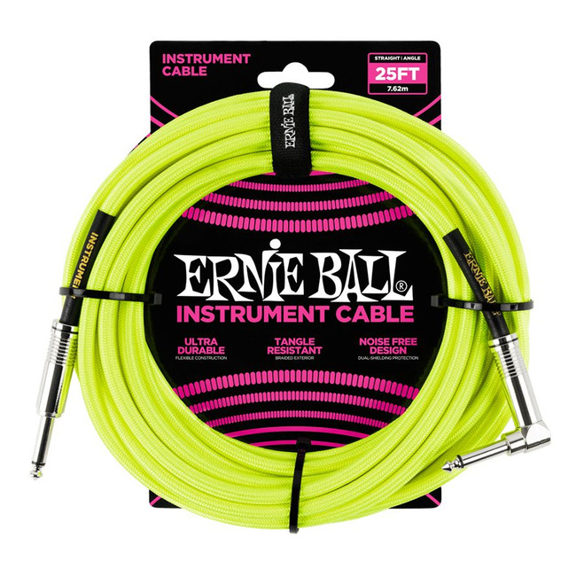 Ernie Ball 25ft Braided Straight/Angle Instrument Cable - Neon Yellow Ernie Ball 25ft Braided Straight/Angle Instrument Cable - Neon Yellow