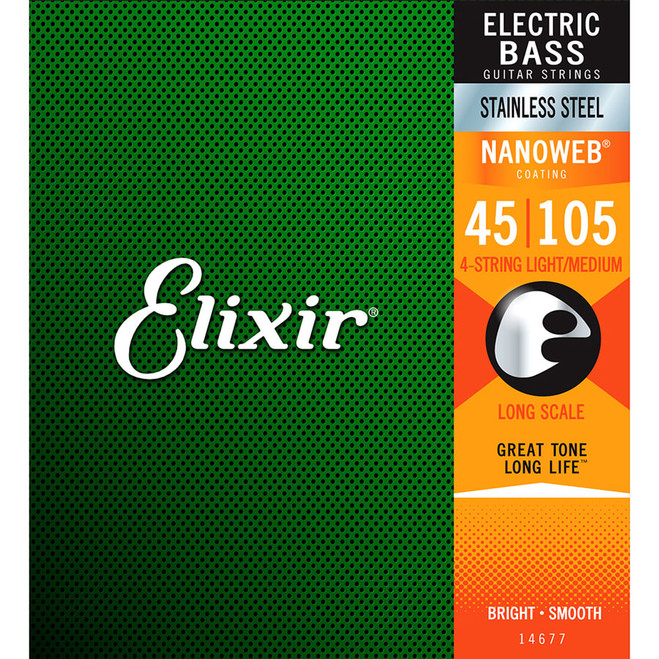 Elixir Bass 4 Long Stainless Nanoweb Strings-Med(.045-.105)