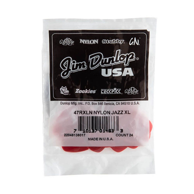 Jim Dunlop 47RXLN Nylon Jazz III XL Guitar Pick, Red, 24 Pack