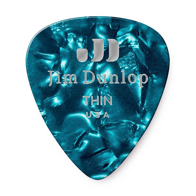 Jim Dunlop 483P Celluloid Guitar Pick, Turquoise Pearloid, Thin, 12 Pack
