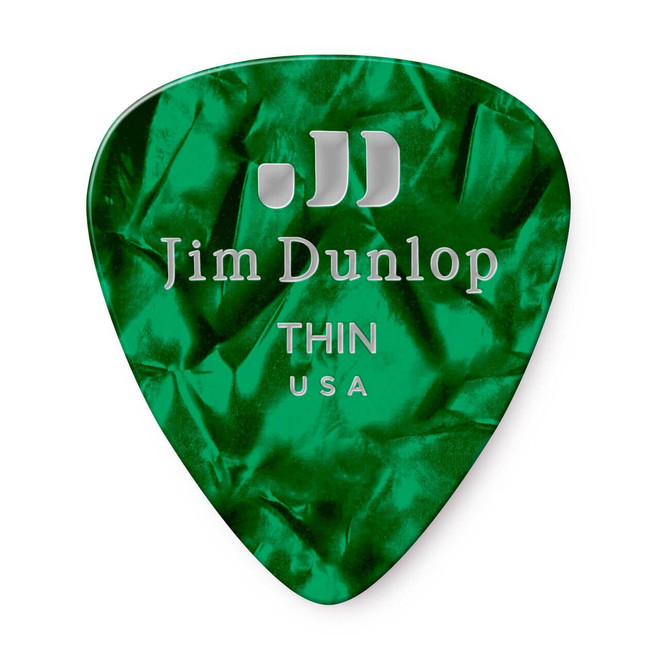 Jim Dunlop 483P Celluloid Guitar Pick, Green Pearloid, Thin, 12 Pack