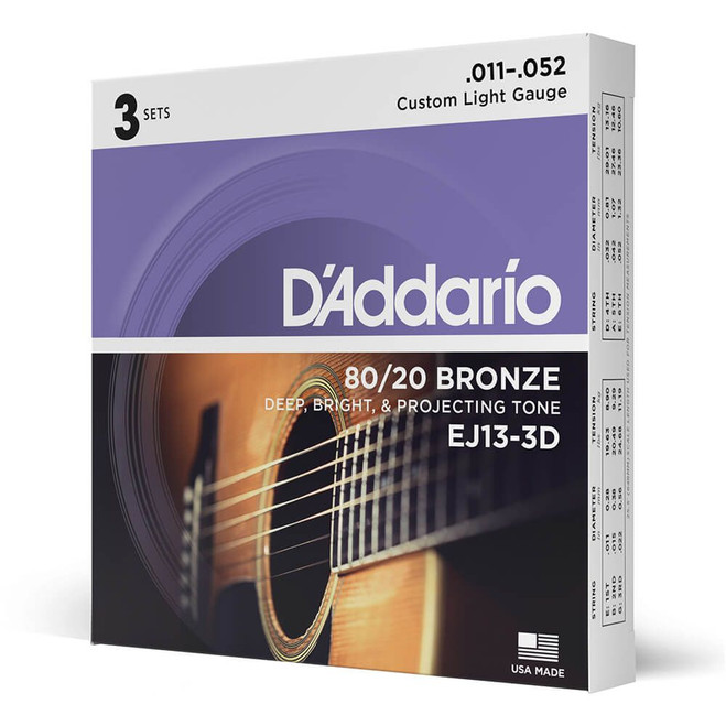 Daddario 80/20 Bronze EJ13-3D Custom Light Set, 11-52, 3 Pack
