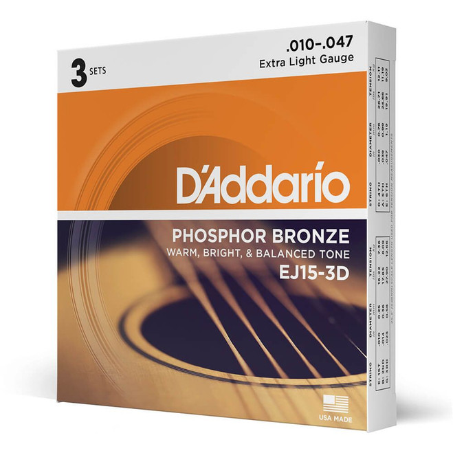 Daddario Phosphor Bronze EJ15-3D Extra Light Set, 10-47, 3 Pack