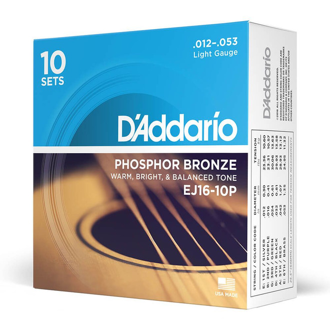 Daddario Phosphor Bronze EJ16-10P Regular Light Set, 12-53, 10 Pack