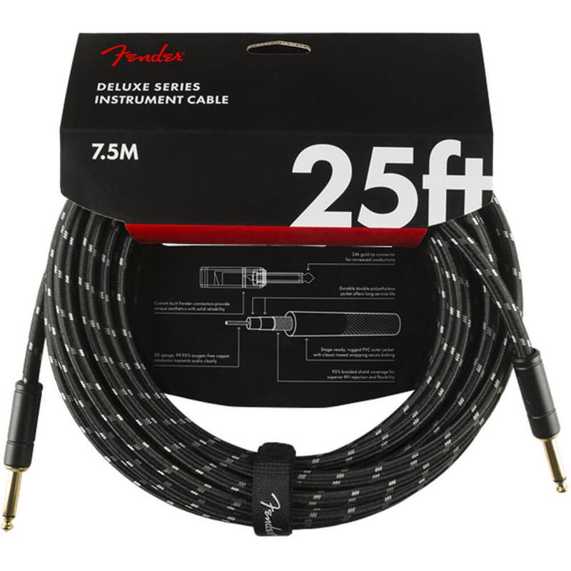 Fender Deluxe Series Instrument Cable, Straight, 25ft - Black Tweed Fender Deluxe Series Instrument Cable, Straight, 25ft - Black Tweed