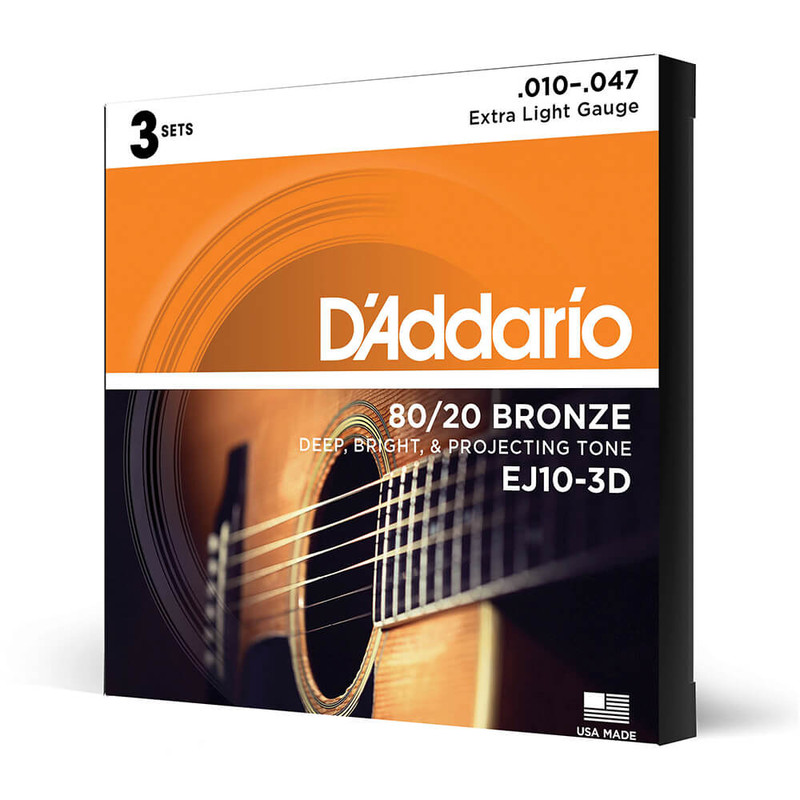 Daddario 80/20 Bronze EJ10-3D Extra Light Set, 10-47, 3 Pack