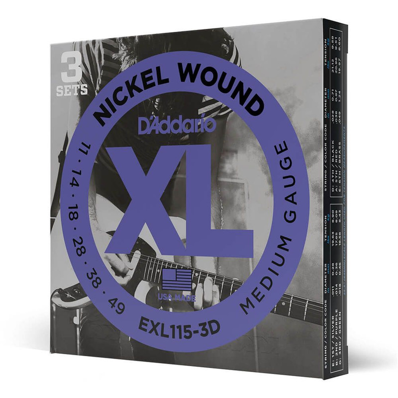 Daddario XL Nickel EXL115-3D Medium Set, 11-49, 3 Pack