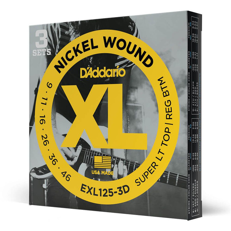 Daddario XL Nickel EXL125-3D Super Light Top / Regular Bottom Set, 09-46, 3 Pack Daddario XL Nickel EXL125-3D Super Light Top / Regular Bottom Set, 09-46, 3 Pack