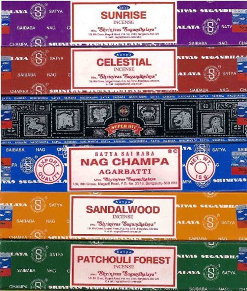 Set of 6 Nag Champa Sunrise Sandalwood Patchouli Celestial Super Hit by Satya