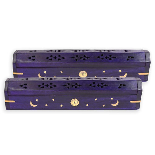 2 Pack - Incense Stick Holder - Coffin Style - Wood Incense Stick Burner with Sun Moon Star Inlays Handmade with Brass Inlays (Purple)