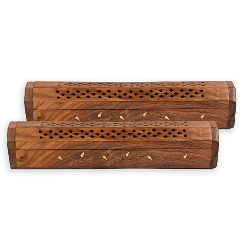 2 Pack - Incense Stick Holder - Coffin Style - Wood Incense Stick Burner with Elephant Inlays (Natural) Handmade with Brass Inlays (Vines)