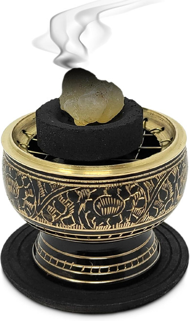 Small Decorated Brass Charcoal Screen Incense Burner with Wooden Coaster, 2-inch