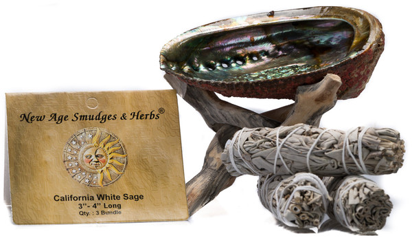 Smudging Kit 3 California White Sage Smudging Wands (Salvia Apiana) with Beautiful Natural 5-6 in Abalone Shell and Natural Wooden Cobra Tripod Stand