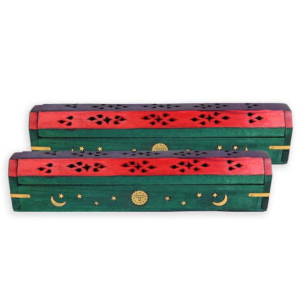 2 Pack - Incense Stick Holder - Coffin Style - Wood Incense Stick Burner with Sun Moon Star Inlays Handmade with Brass Inlays (Multicolor)