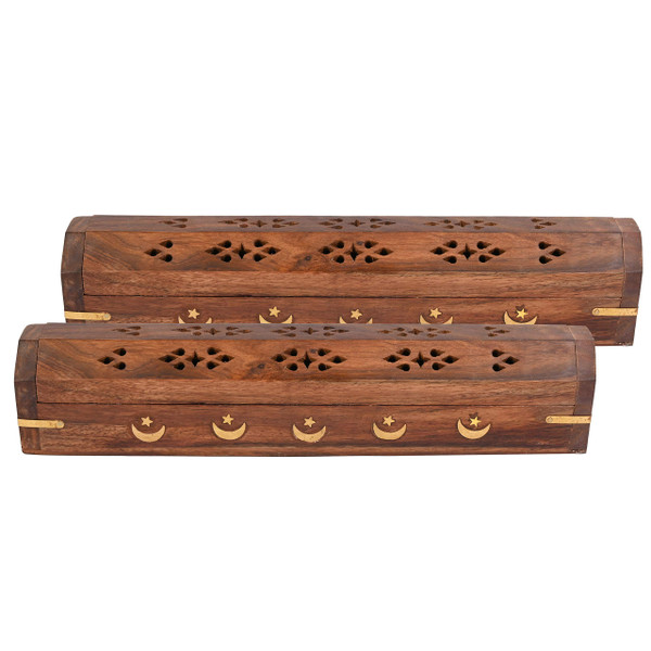 2 Pack - Incense Stick Holder - Coffin Style - Wood Incense Stick Burner with Elephant Inlays (Natural) Handmade with Brass Inlays (Moon Star)