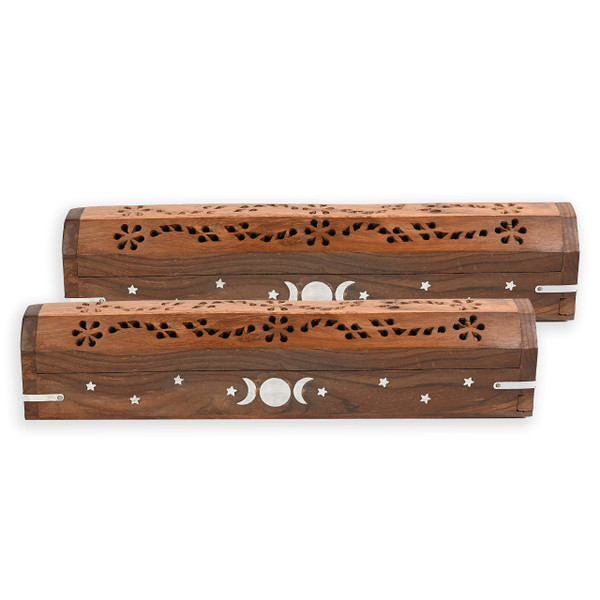 2 Pack - Incense Stick Holder - Coffin Style - Wood Incense Stick Burner with Elephant Inlays (Natural) Handmade with Brass Inlays (Triple Moon)