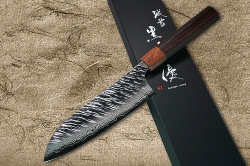 Yu Kurosaki VG10 Damascus FUJIN WA RS8H Japanese Chef's Santoku Knife 170mm with Brown-Ring Octagonal Handle