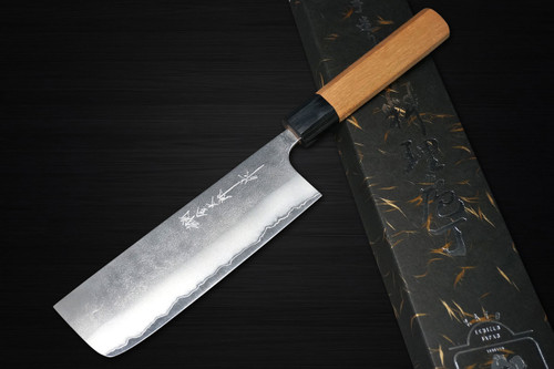 Yoshimi Kato Aogami Super Clad Nashiji AC Japanese Chef's Nakiri(Vegetable) 165mm with Black Cherry Octagonal Handle