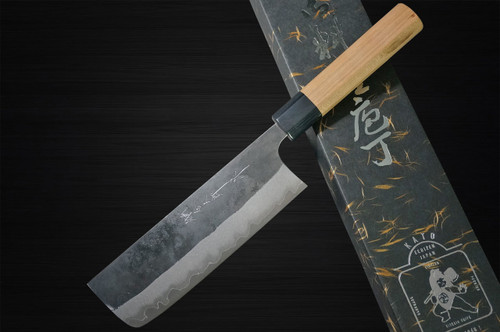 Yoshimi Kato Aogami Super Clad Kurouchi AC Japanese Chef's Nakiri(Vegetable) 165mm with Black Cherry Octagonal Handle