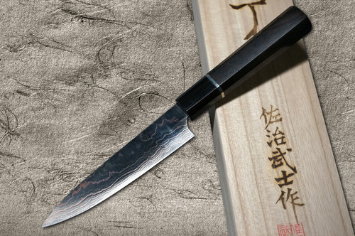 Takeshi Saji Aogami No.2 Colored Damascus EB Japanese Chef's Petty Knife(Utility) 130mm with Silver-Ringed Ebony Handle