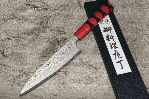 Takeshi Saji VG10 Black Damascus CS Japanese Chef's Gyuto Knife 180mm with Red-Red Urushi Lacquered Handle(X-Obi)
