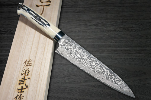 Takeshi Saji R2(SG2) Black Damascus DHW Japanese Chef's Gyuto Knife 180mm with White Antler Handle