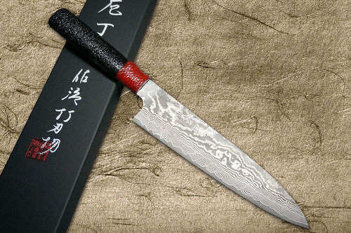 Takeshi Saji VG10 Black Damascus LL Japanese Chef's Gyuto Knife 210mm with Red-Black Japanese Urushi Lacquered Handle