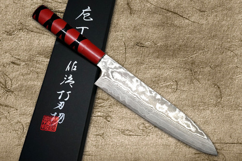 Takeshi Saji VG10 Black Damascus CS Japanese Chef's Gyuto Knife 210mm with Red-Red Urushi Lacquered Handle(X-Obi)