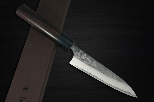 Yoshimi Kato Aogami Super Clad Nashiji RS Japanese Chef's Petty Knife(Utility) 150mm with Black-Ring Round Handle