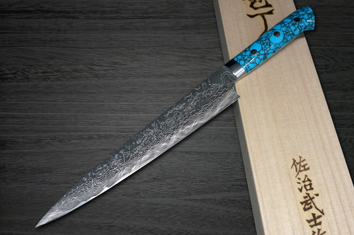 Takeshi Saji R2 Diamond Finish Damascus TCA Japanese Chef's Slicer(Sujihiki) 240mm with Blue Turquoise Handle