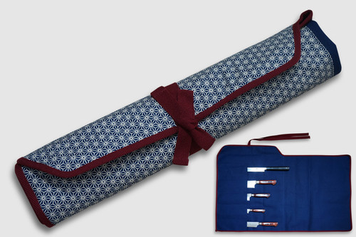 Japanese Style Knife Roll Hemp-Leaf Motif Indigo Large Vermilion Lace 5 Pockets