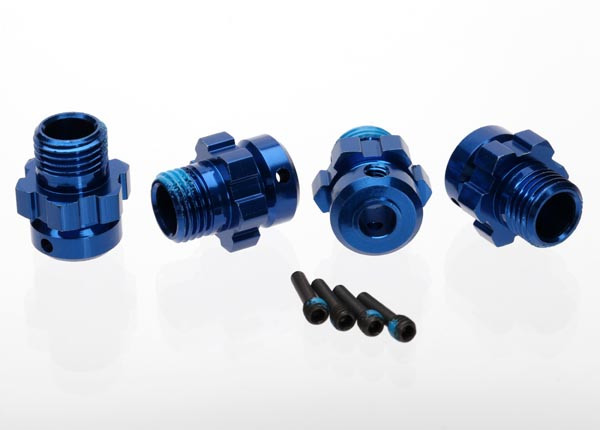 Wheel hub, splined, 17mm, 6061-T6 aluminum (blue-anodized) (4)/ screw pin, 4x13mm (with threadlock) (4) (for 6mm axles)