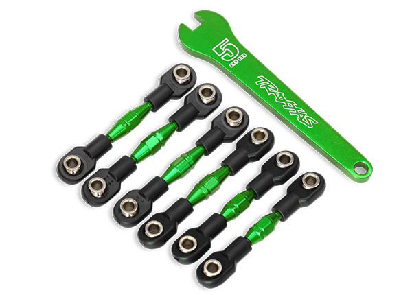 Turnbuckles, aluminum (green-anodized), camber links, 32mm (front) (2)/ camber links, 28mm (rear) (2)/ toe links, 34mm (2)/ aluminum wrench