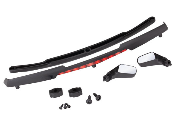 Mirrors, side, black (left & right)/ mirror retainers (2)/ spoiler, black/ spoiler retainer (1)/ 1.6x5 BCS (self-tapping) (3)/ 2.6x8 BCS (self-tapping) (2) (fits #8386 body)