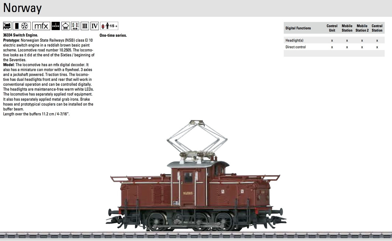W441-36334  Class EL 10 Electric Switcher - 3-Rail w/Digital -- Norwegian State Railways NSB #10.2505 (Era III-IV, brown)