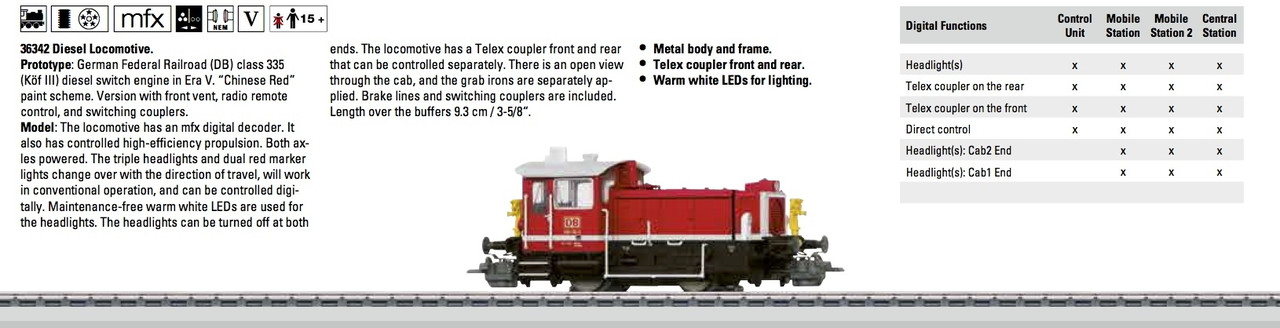 W441-36342  Class 335 Kof III Switcher - 3-Rail w/Digital -- German Federal Railroad DB (Era V, Chinese Red, black, white)