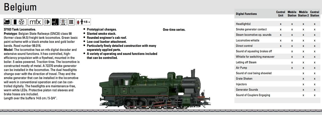 W441-37163  Class 98 0-10-0T - 3-Rail w/Sound & Digital -- Belgian State Railways SNCB #98.016 (Era III 1950s; green, black)