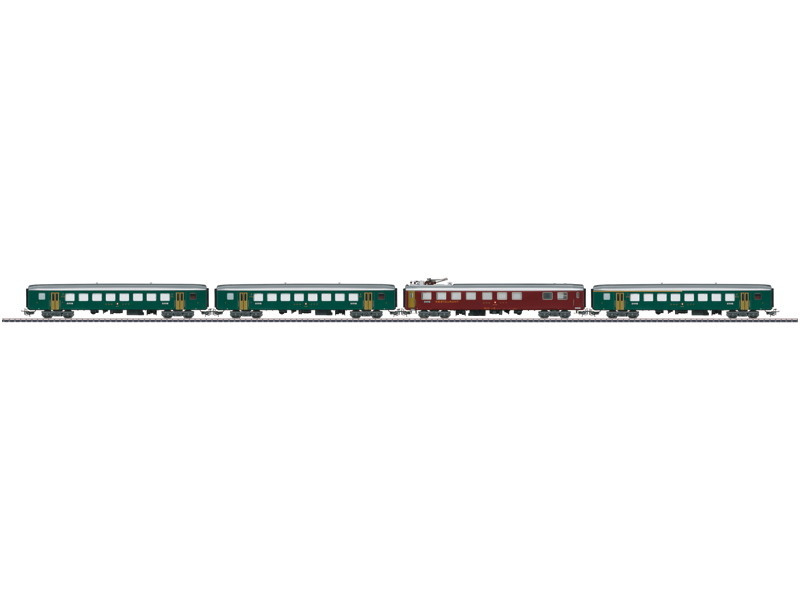 W441-40661  Swiss Tin-Plate 4-Car Set - 3-Rail - Ready to Run -- Swiss Federal Railways SBB (Era III 1960s, 1 brown & 3 green)